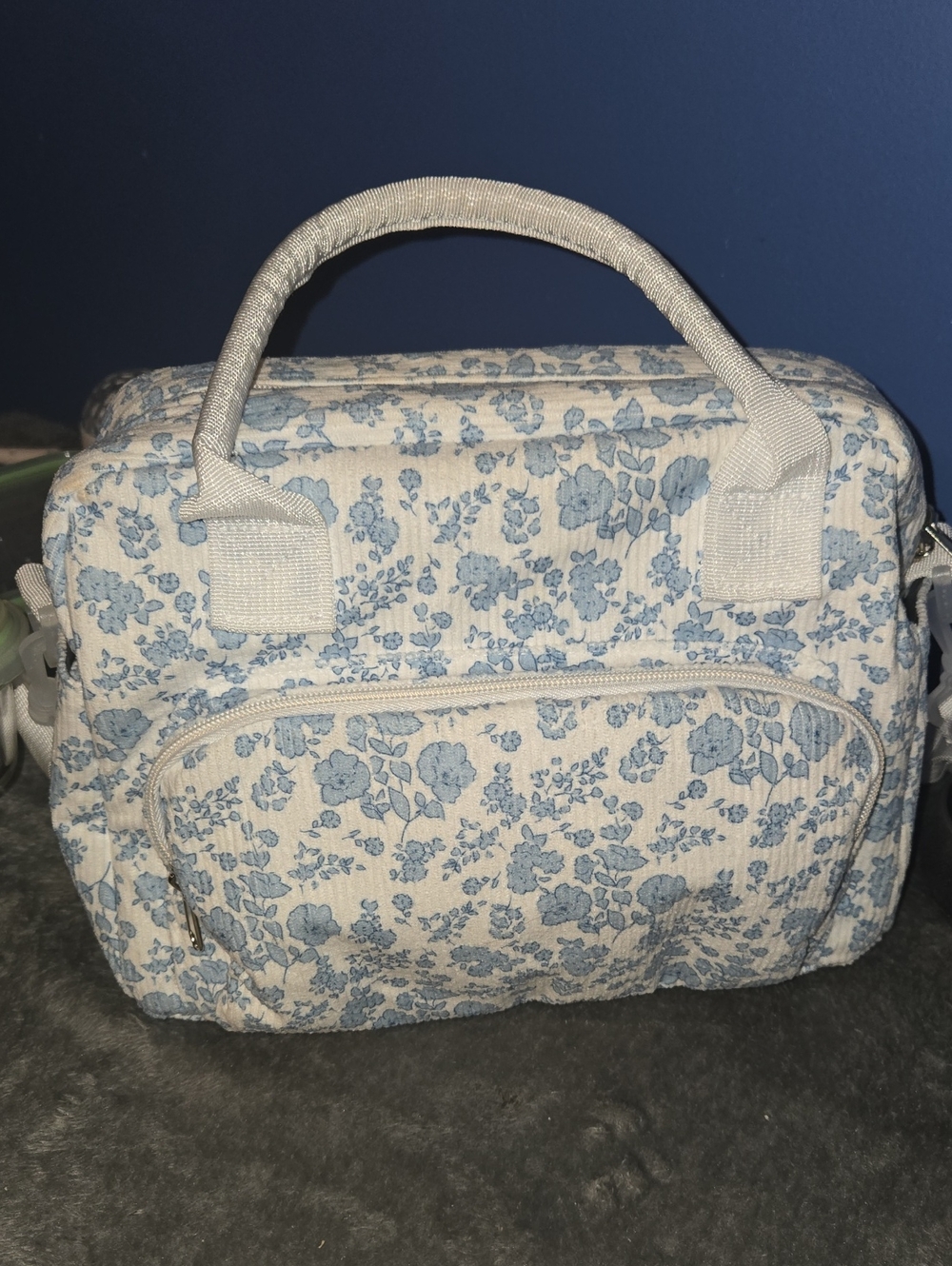 Floral Quilted Top-Handle Bag in Light Blue and Cream